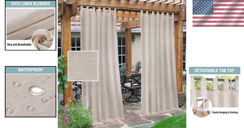 Light-Filtering Outdoor Linen Curtains with Self-Stick Tab Top - 2 Pack 52x108 - Picture 2 of 10
