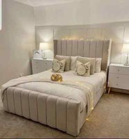 Winged Panel Bed Frame Velvet Upholstered Ottoman Gas Lift Storage Bed All Sizes