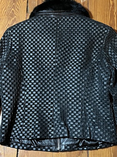 Marvin Richards Jacket Leather Suede Moto Basket Weave fur Collar Check Black L - Picture 11 of 15