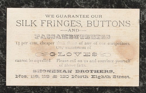 Carta commerciale vittoriana Shoneman Bros Trimmings Philadelphia Beggars USA monete 5x3 - Foto 4 di 4