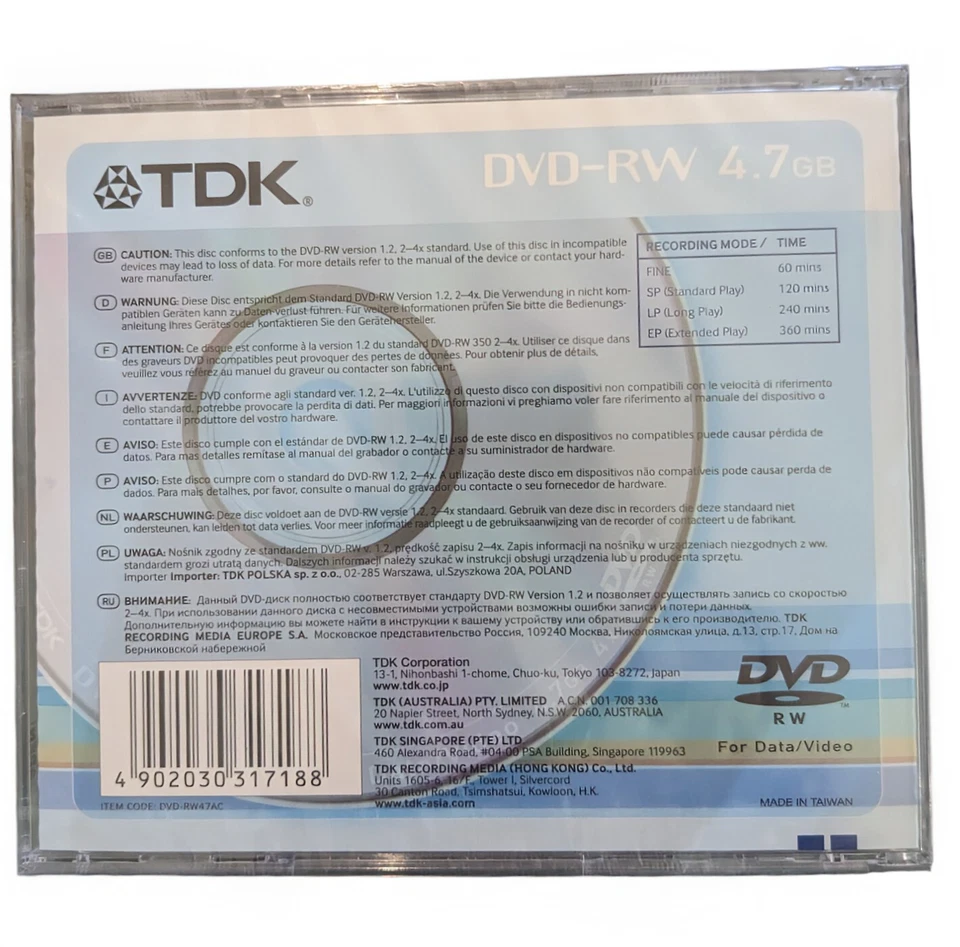 TDK Data/Video DVD-RW 4x 4.7 GB  Re-Recordable DVD - Single Disc NEW SEALED - Image 2 of 2