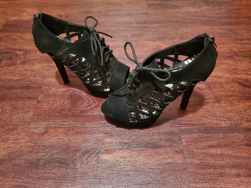 Vintage Peep Toe Platform Stilettos Heels Black Velvet Size 9 - Picture 6 of 8