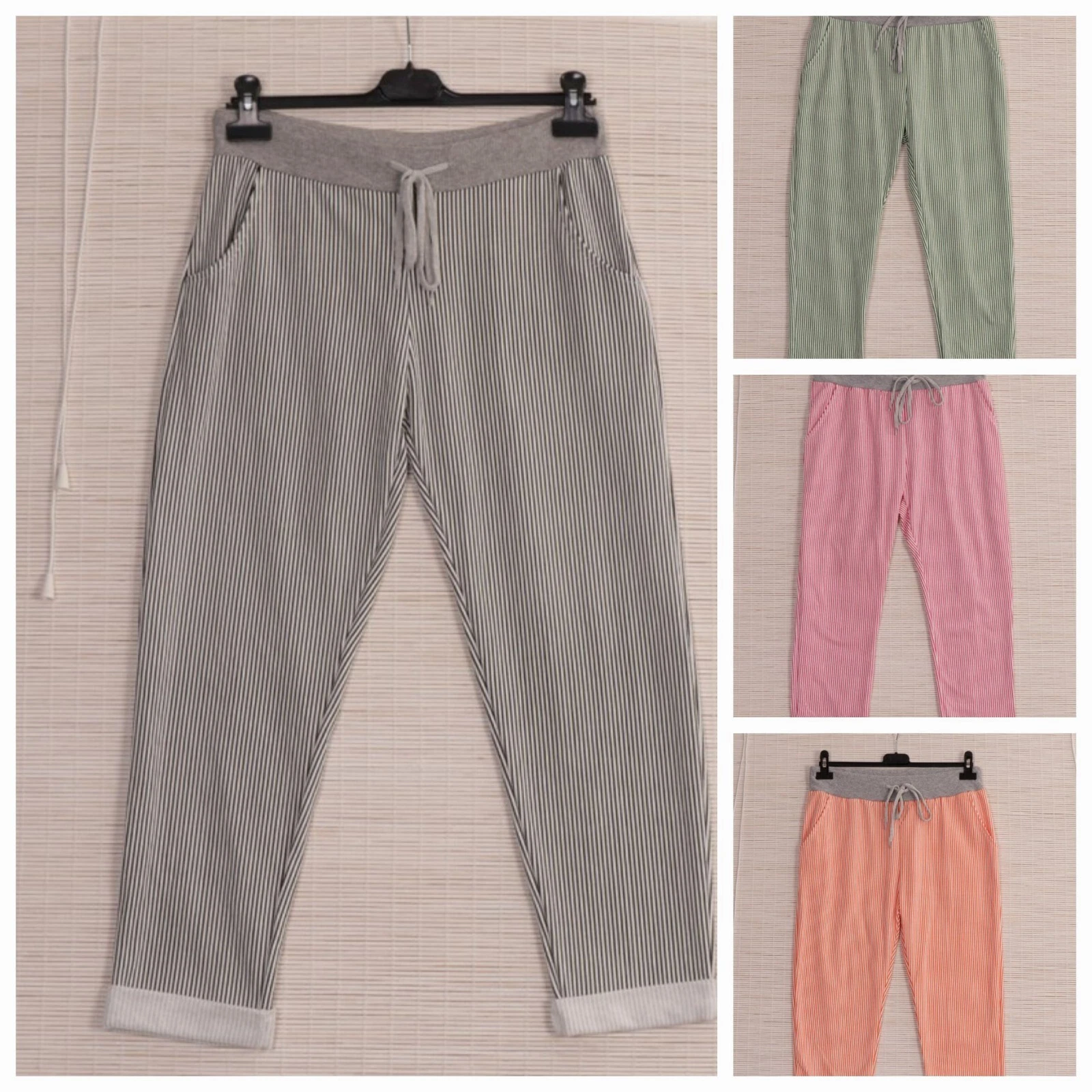 Ladies Joggers Italian Stripy Cotton Summer Trousers Drawstring Comfy Pants