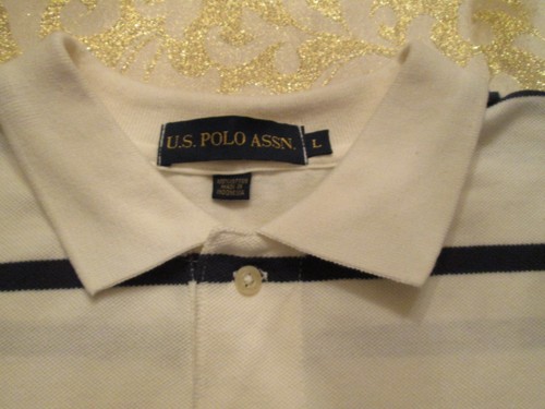 US POLO ASSN OFF WHITE SHIRT WITH NAVY STRIPE AND CHEST LOGO SIZE L - Picture 3 of 6