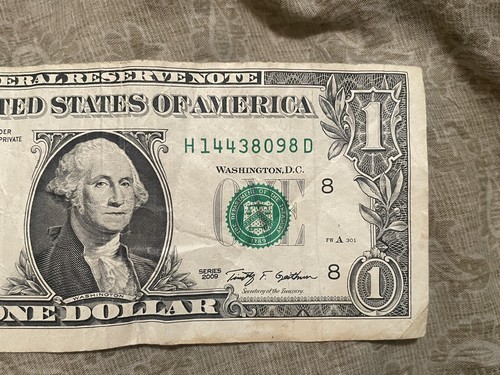 $1 One Dollar Bill 2009 Offset Miscut Off Center Error Circulated - Afbeelding 5 van 8