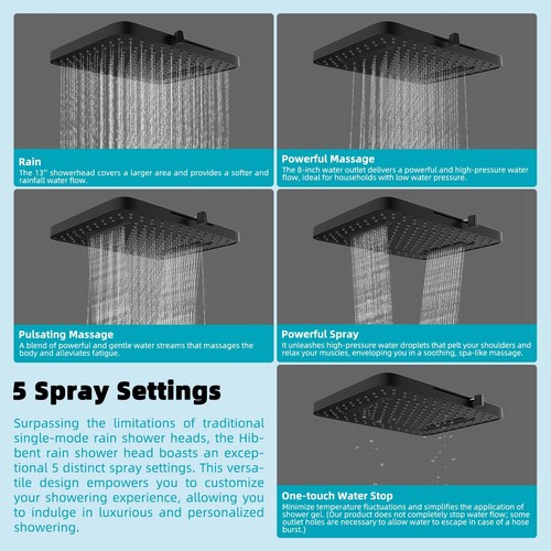 Rain Shower Head, 13'' High Pressure Rainfall Square 5 Spray Mode Showerhead - Picture 20 of 27