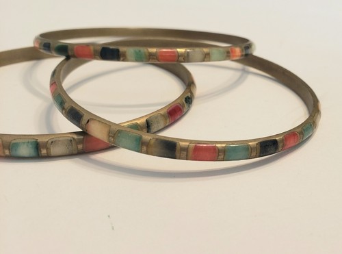 Brass Enamel Bracelet Bangle Set Multicolor 3 Vintage Colorful - Picture 3 of 5