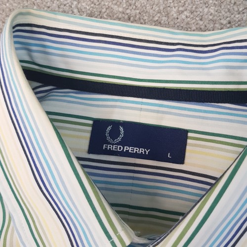 Fred Perry Mens Shirt Large White Blue Green Stripes Casuals Mod Scooter Liam - Picture 4 of 12