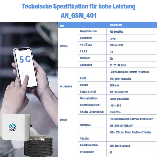 4G+ LTE 5G Außenantenne Outdoor SMA & TS9 & RP-SMA 700-6000MHz WiFi 6 Bluetooth - Bild 6 von 8