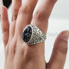 SNOWFLAKE OBSIDIAN GEMSTONE 925 STERLING SILVER PLAIN ANNIVERSARY HUGE MANS RING