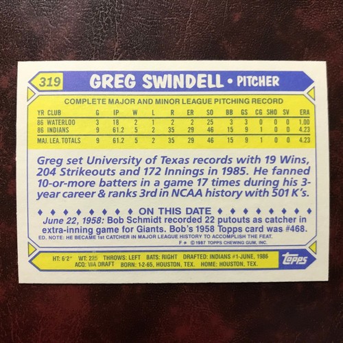 1987 Topps TIFFANY Set GREG SWINDELL ROOKIE #319 INDIANS ** MINT ** HIGH GRADE * - Picture 2 of 2