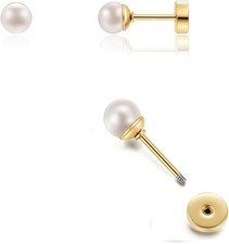 Pearl Stud Earrings Screw Back,Flat Back Cartilage 5mm Pearl, Gold
