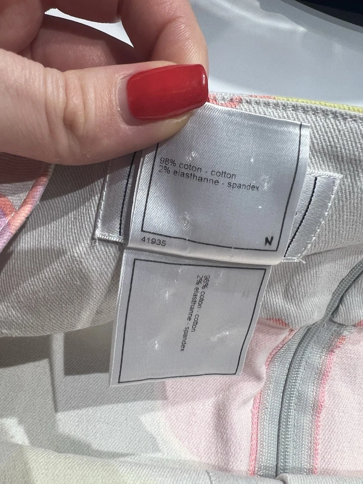 Falda vaquera vintage Chanel Paris primavera 2003 rosa melocotón camelia flor CC Foto 3 de 4