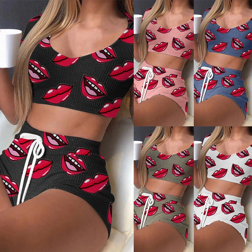 Damen Sexy Nachtwäsche Anzug Lippen Print Pyjama Set