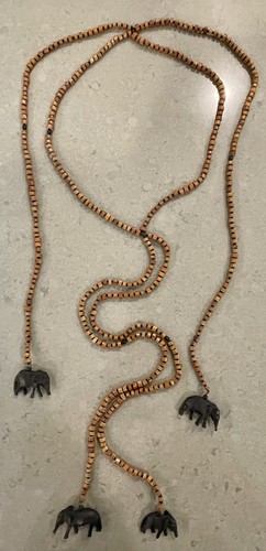 Vintage 80s Hand Carved Wooden African Safari Elephants Tie Belt & Necklace - Picture 5 of 18