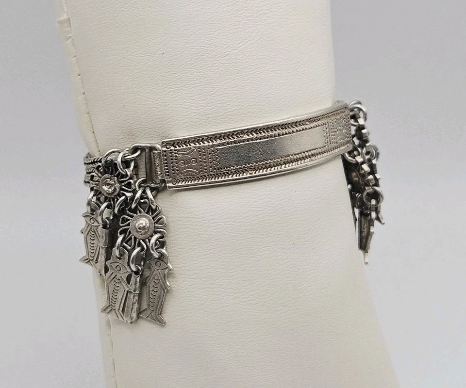 Pulsera de plata esterlina antigua victoriana Albertina flor pez dije cadena Foto 2 de 4