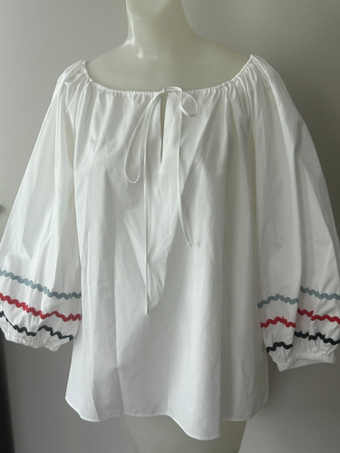 Ann Mashburn Lyia Top NWT retail $350 White poplin sz L red white blue Ric Rac - Picture 2 of 10