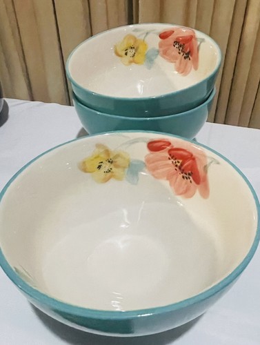 3er Set Steingut Türkis Blumen Fußschalen ~ Vintage Bloom ~ von Pionierin - Bild 3 von 8