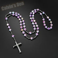 Purple Imperial Jasper Bead Black Hematite Cross Rosary Necklace Women Gift