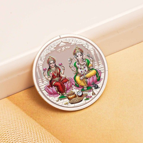 Ganesh Laxmi Coin In Silver / Laxmi Ganpati Color Coin In Pure Silver 999 - Picture 3 of 4