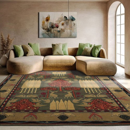 LoomBloom 8'x10' Green Wool Rug, Hand Tufted Arts & Crafts William Morris Design - Picture 1 of 10