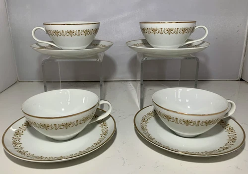 Fine China Sheffield Japan Imperial Gold 504Y Set Of 4 Tea Cups & Saucers Vtg