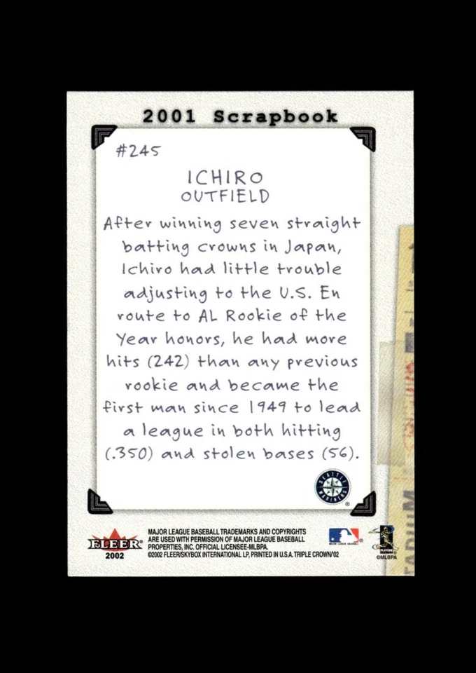 2002 Fleer Triple Crown: #245 Ichiro Suzuki AL ROTY EX-EXMINT - Image 2 of 2