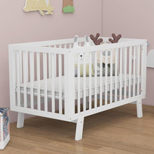 Adjustable Wooden Mini Crib with Guardrails - White Toddler Bed
