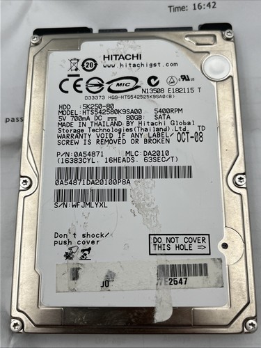 *2.5" 80GB SATA Hard Drive - Hitachi HTS542580K9SA00 5K250-80 - Picture 2 of 8