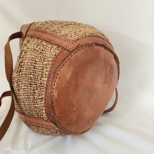 Vintage Sisalkorb geflochten Markttasche Klappverschluss Leder braun hochwertig - Bild 9 von 15