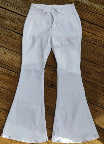 Womens Denim Flare Pants Stretch High Rise White Jeans Size 10 70s Vintage Style - Picture 2 of 5