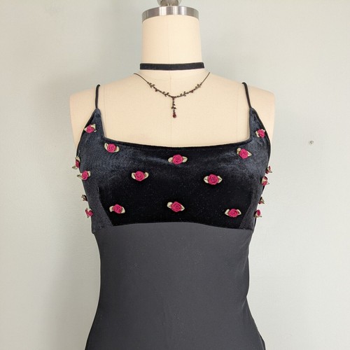 Vintage Zum Zum Prom Dress Maxi Gown 14 Black Velvet Goth 90s Y2K Floral Grunge - Picture 3 of 13