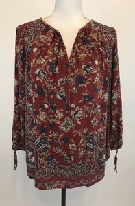 Lucky-Brand-Women-039-s-Medium-Split-V-Neck-Boho-Peasant-Henley-3-4-Sleeve-Blouse