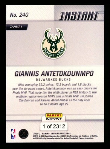 2020-21 PANINI INSTANT #240 GIANNIS ANTETOKOUNMPO 1° NBA FINALS MVP SP/2312! - Foto 2 di 2