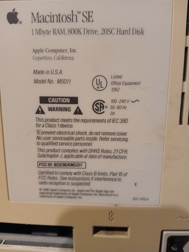 Apple Macintosh SE AIO Computer M5011 1MB RAM 800K Drive 20SC HDD AS-IS WITH BOX - Picture 7 of 13