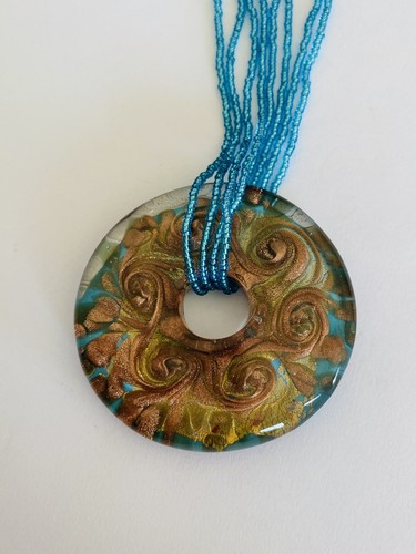 Sterling Silber mehrere Stränge blaue kleine Perlen Glaskunst Scheibe Anhänger Halskette - Bild 2 von 15