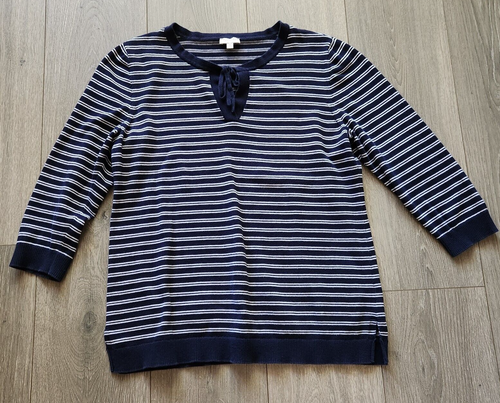 Talbots Sweater Top Women's M Blue White Striped 3/4 Sleeve V Neck Cotton