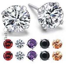 PAIR Women Men Boys Girl 925 Sterling Silver Round Shiny Crystal Stud Earrings