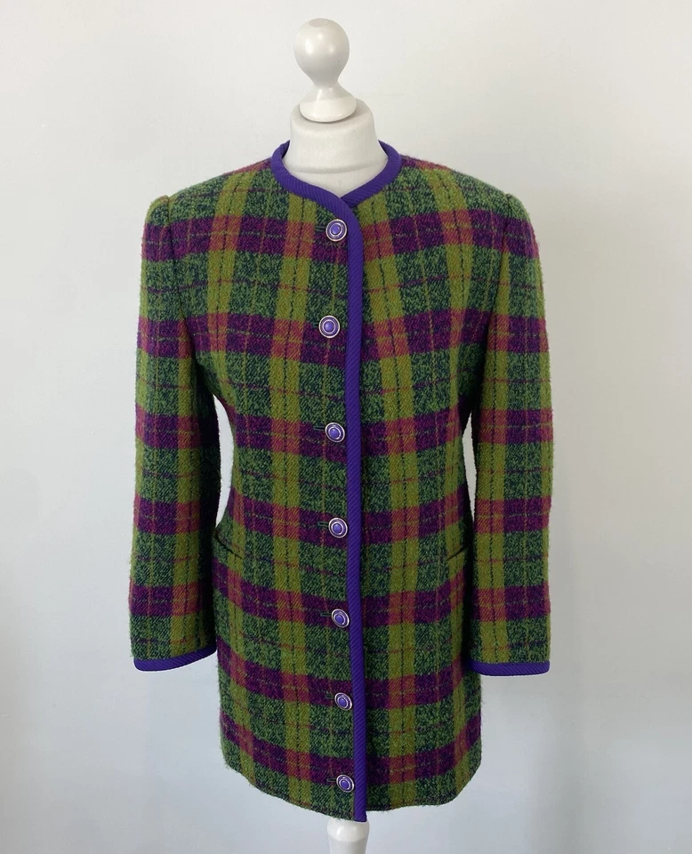 Женская винтажная куртка Gianni Versace Versus зеленая розовая фиолетовая клетчатая размер 42 ЕС - Изображение 2 из 4