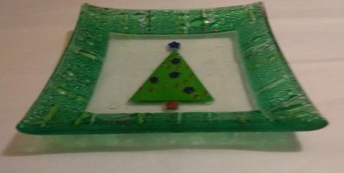 Gorham Handmade Fused Glass Dish Christmas Tree Bubbled Trinket Bowl Decor 6" - Picture 6 of 8