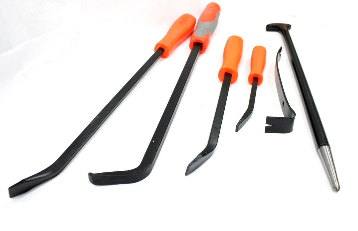 6 Pc Mechanic Pry Bar Tools Set Flat Curved Heel Bars Automotive