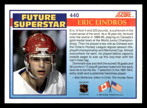 Tarjeta de novato 1990-91 Score American #440 Eric Lindros HOF radiocontrol - Imagen 2 de 2
