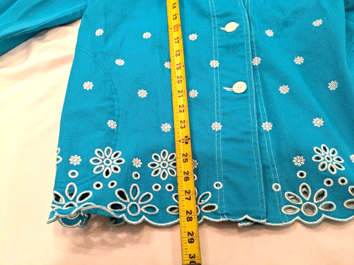 Diane's Essentials Denim Shacket Aqua Blue/White Eyelit Embroidered Floral Sz 1X - Picture 16 of 19