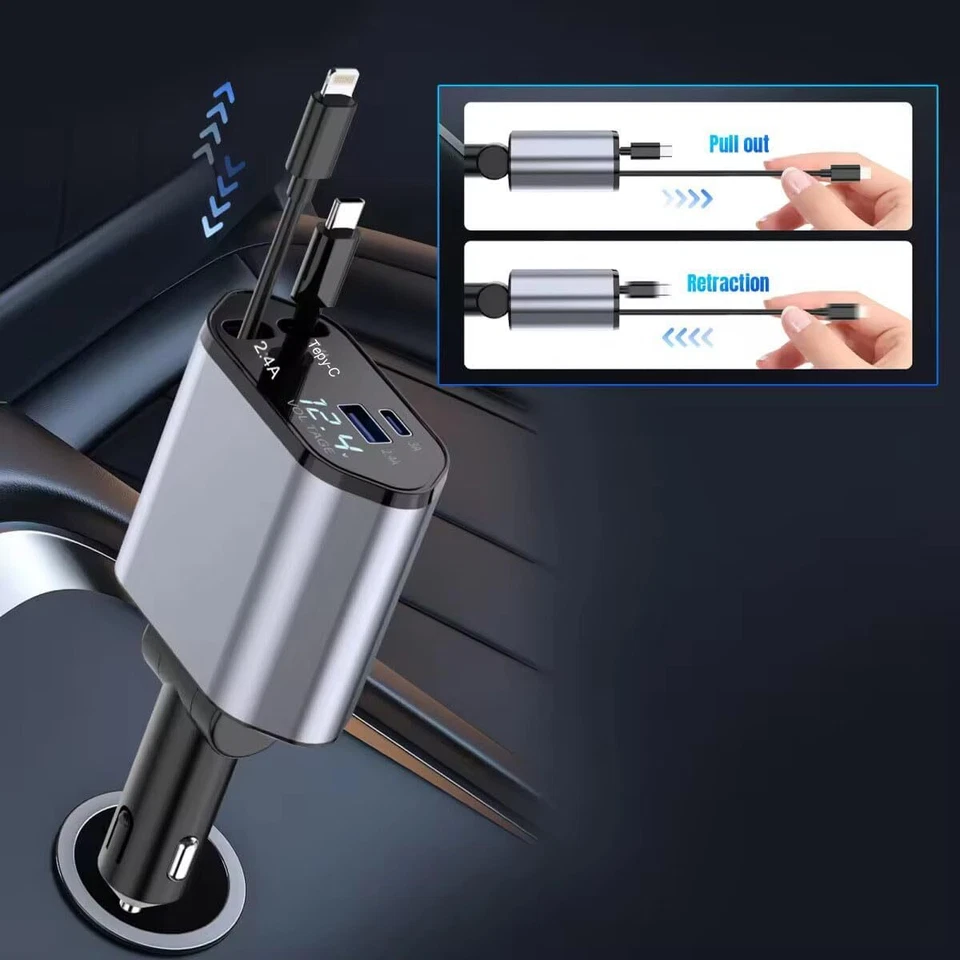 Retractable Car Charger 4in1 Fast Car Phone 16 Charger 120W USB Type C Cable Lot - Image 4 of 4