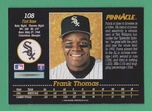 1993 Pinnacle Frank Thomas Chicago White Sox #108 (KCR) - Picture 2 of 2