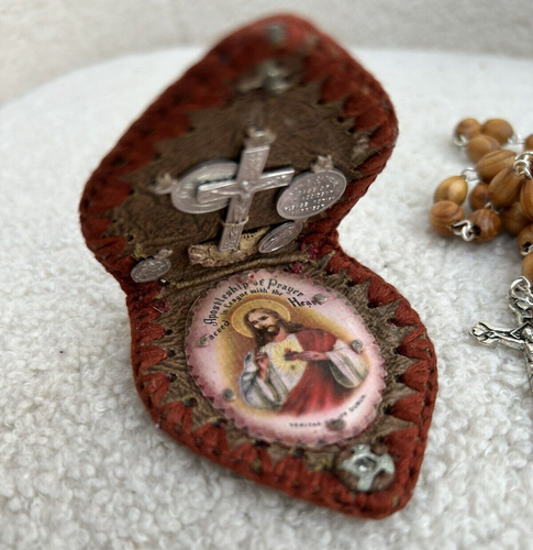Religious Leather Wallet Rosary Prayer Beads Reliquary Jerusalem Terra Mediation - Picture 4 of 13
