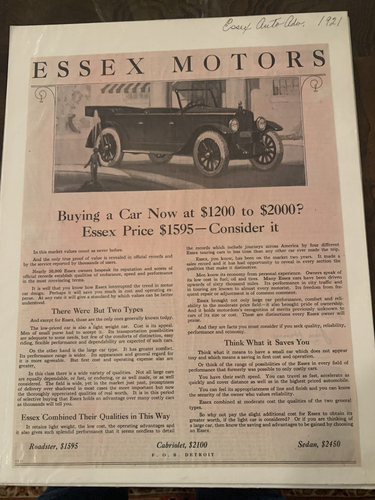 1921 Hudson Essex Motors Roadster Price $1595 Consider it Print Ad - 第 1/1 張圖片