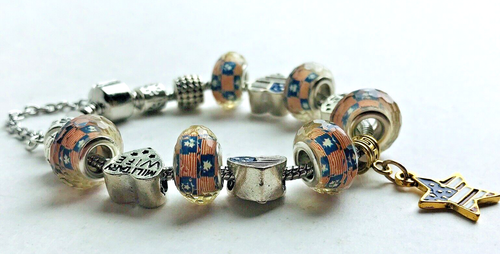 Military Wife Heart US Flag Star Charm Bracelet Enameled Patriotic 6.75" - Picture 4 of 4