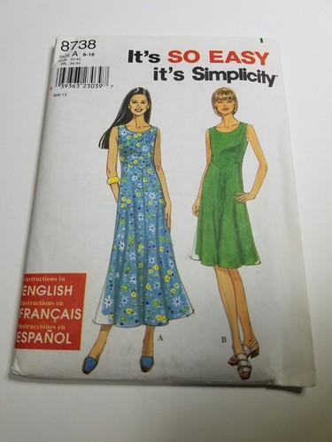 Simplicity 8738, Misses Kleid, 2 Längen, Größe 6-16, ungeschnitten