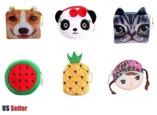 Kids Novelty Animals Fruits Plush Coin Purse Mini Wallet with Zipper & Keychain